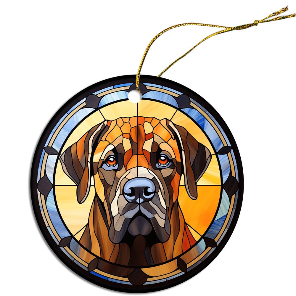 Stained glass style Christmas ornament featuring a Mastiff breed design, elegantly crafted from ceramic with a golden string.