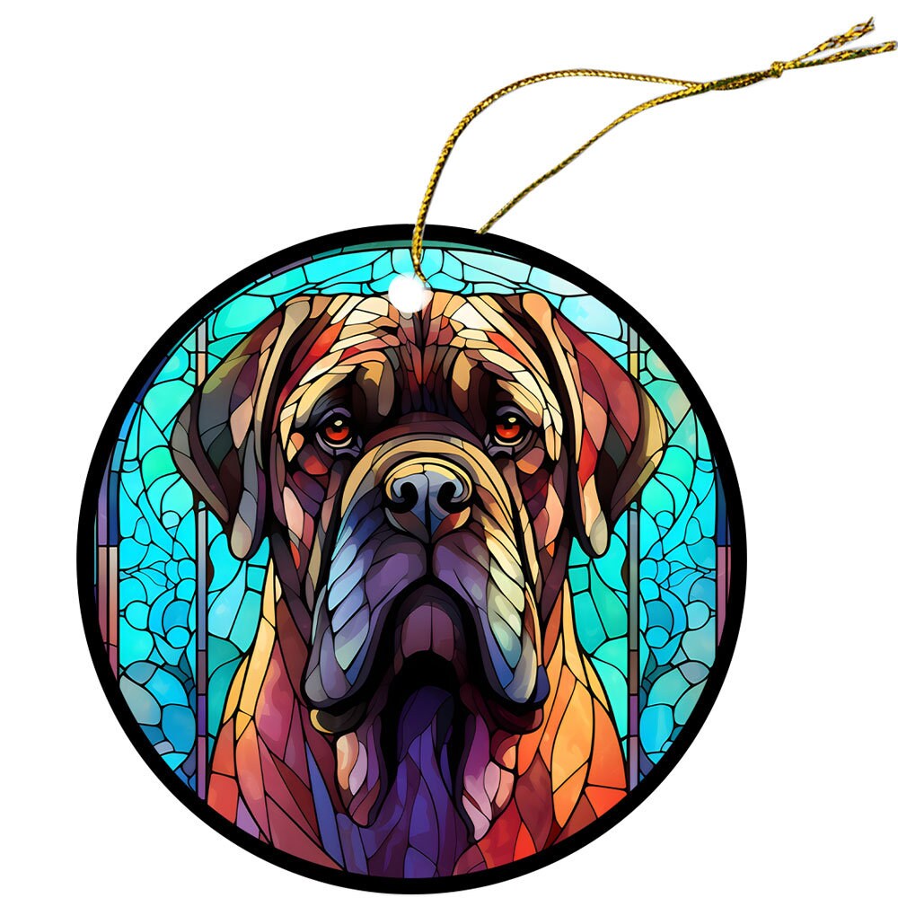 Stained glass style Christmas ornament featuring a Mastiff breed design, elegantly crafted from ceramic with a golden string.