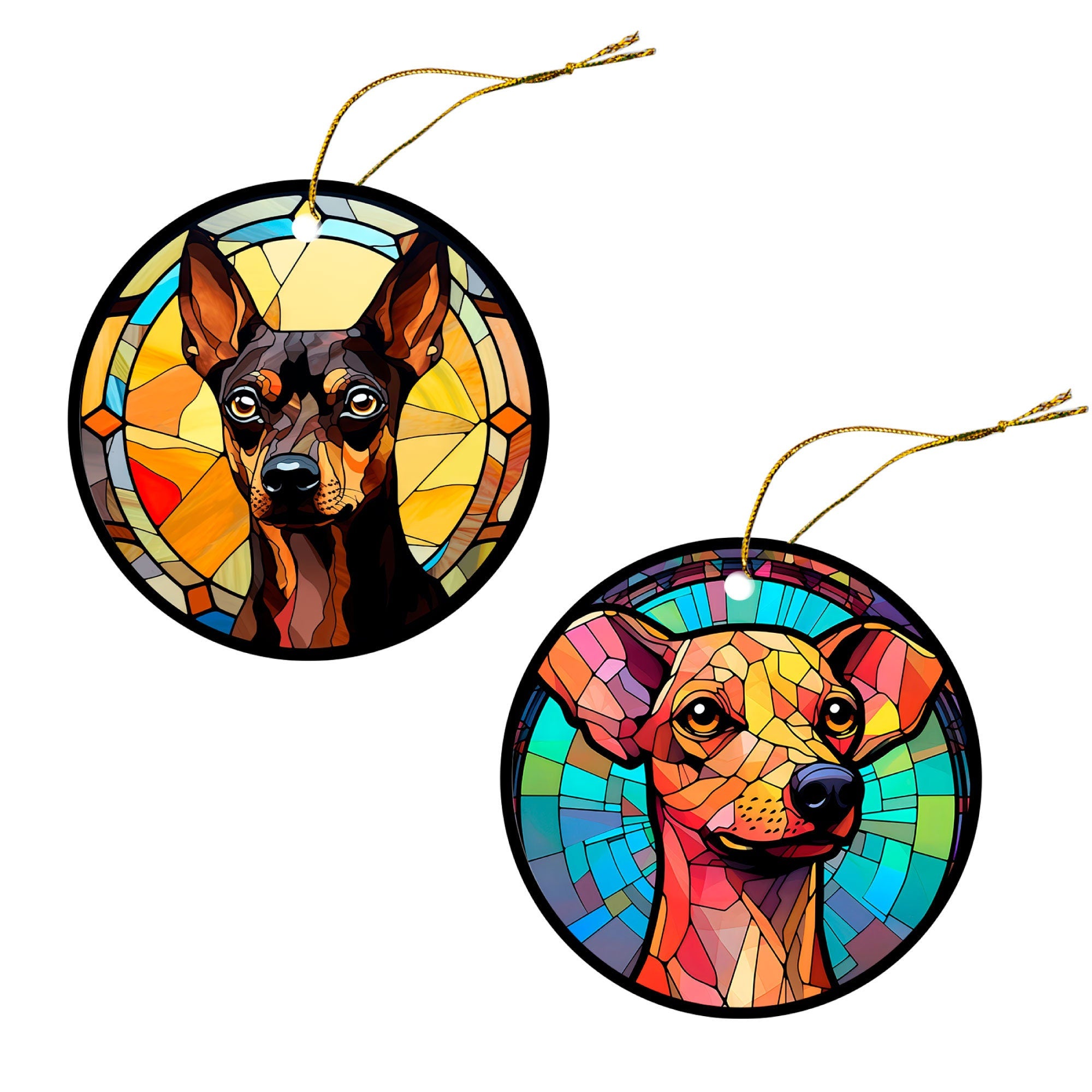 Stained glass style Christmas ornament featuring a Miniature Pinscher, beautifully crafted in ceramic with a golden string.