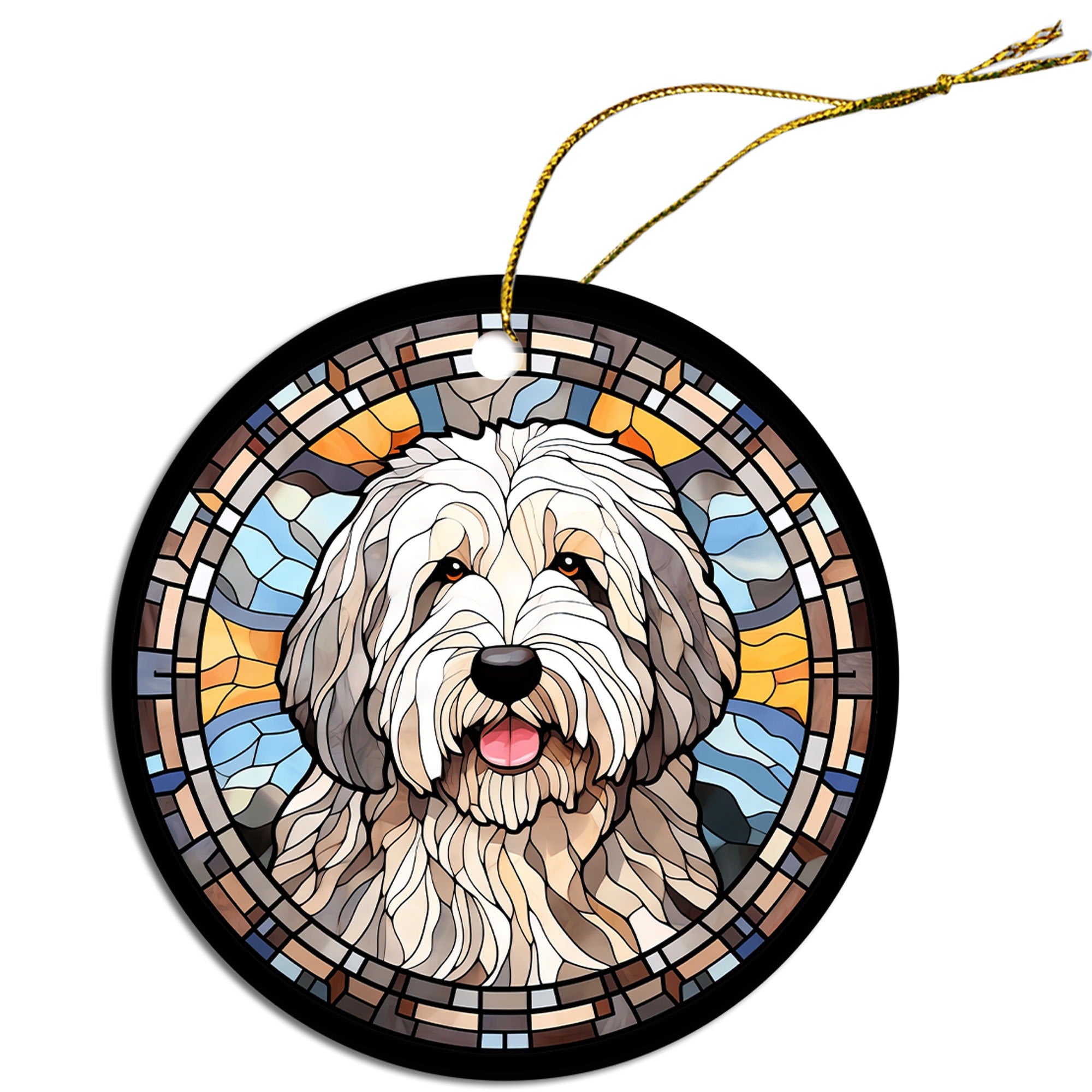 Stained glass style Christmas ornament featuring an Old English Sheepdog, beautifully crafted from ceramic with a golden string.