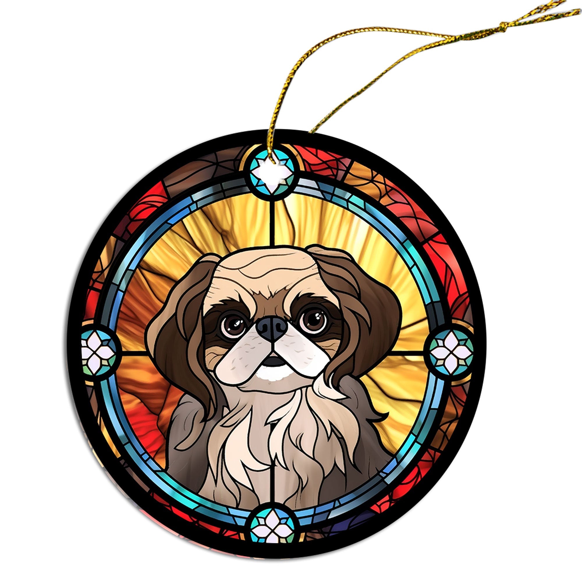 Stained glass style Christmas ornament featuring a Pekingese dog, elegantly designed with a golden string.