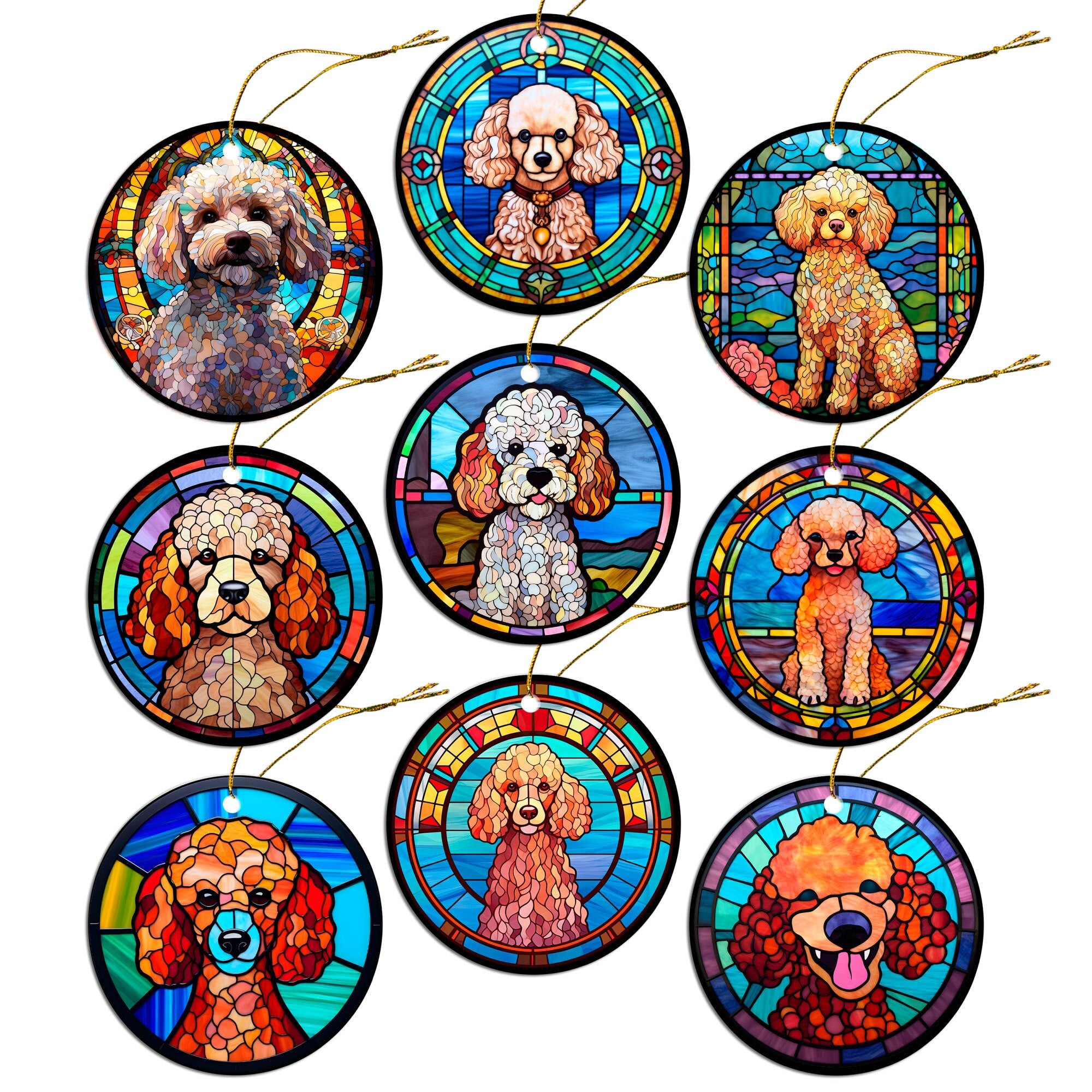 Stained glass style Christmas ornament featuring a Poodle design, made of durable ceramic with a golden string.