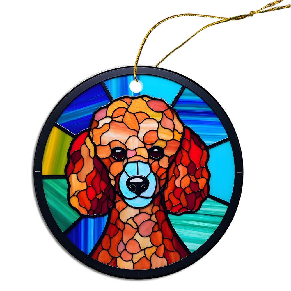 Stained glass style Christmas ornament featuring a Poodle design, made of durable ceramic with a golden string.