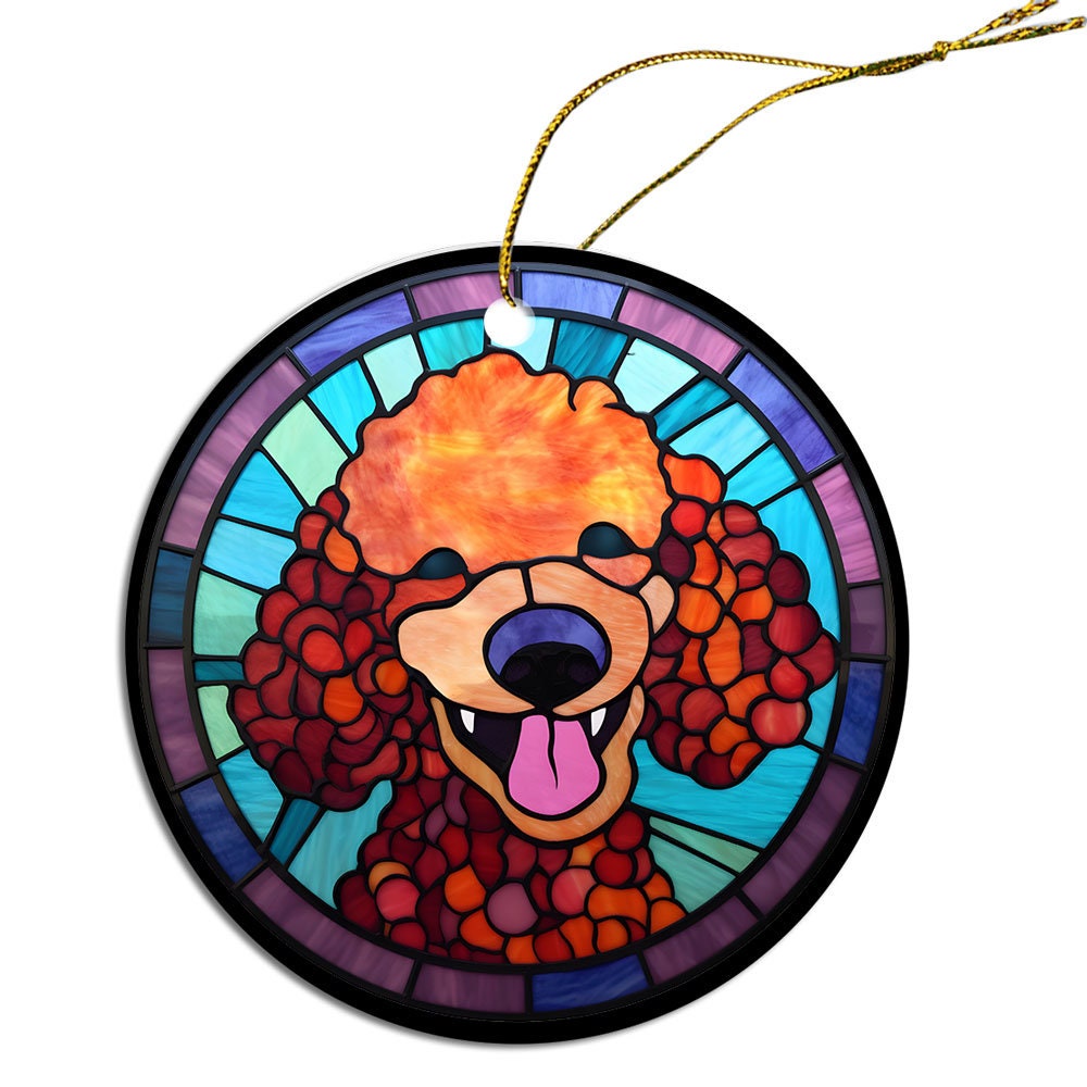 Stained glass style Christmas ornament featuring a Poodle design, made of durable ceramic with a golden string.