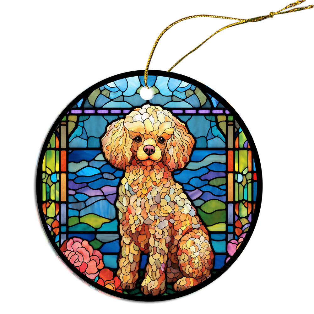 Stained glass style Christmas ornament featuring a Poodle design, made of durable ceramic with a golden string.