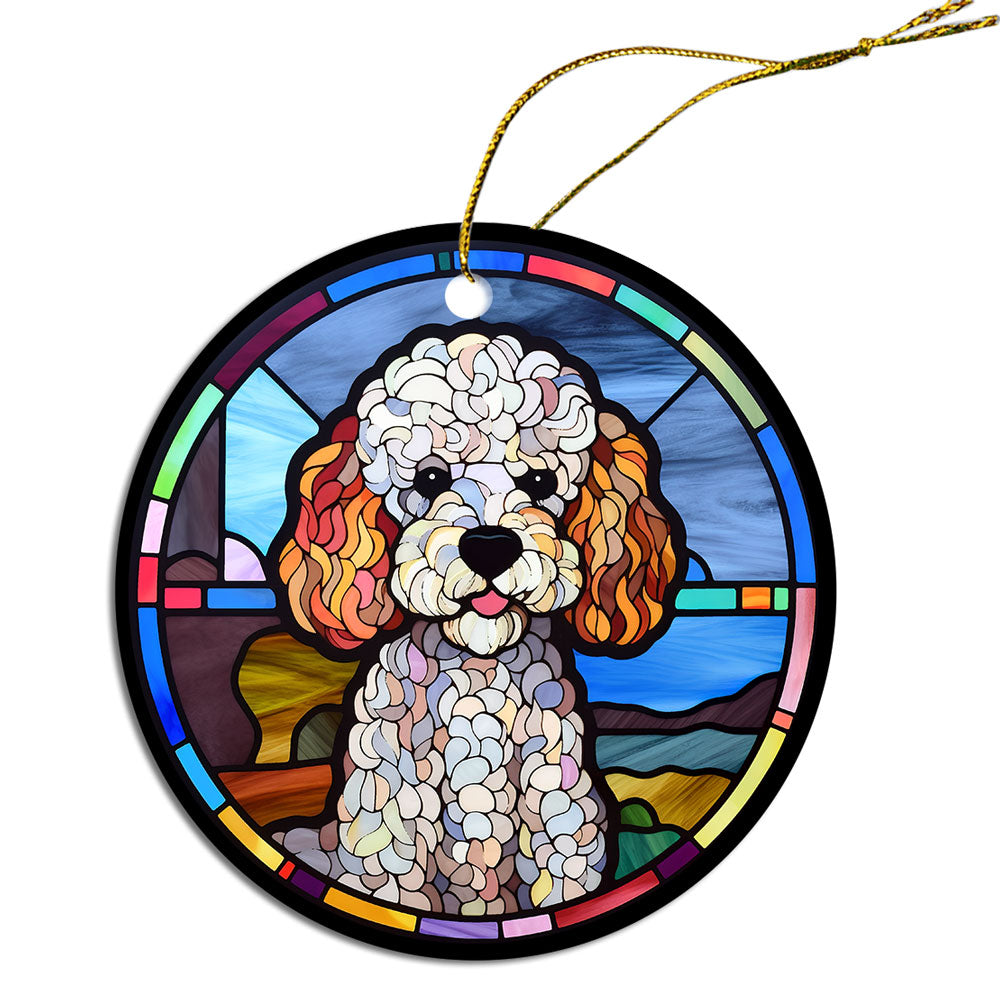 Stained glass style Christmas ornament featuring a Poodle design, made of durable ceramic with a golden string.