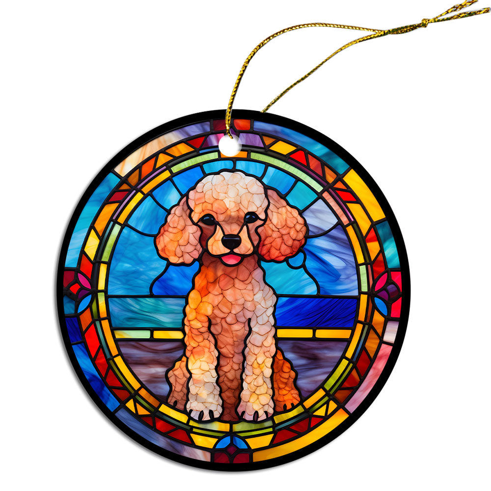 Stained glass style Christmas ornament featuring a Poodle design, made of durable ceramic with a golden string.