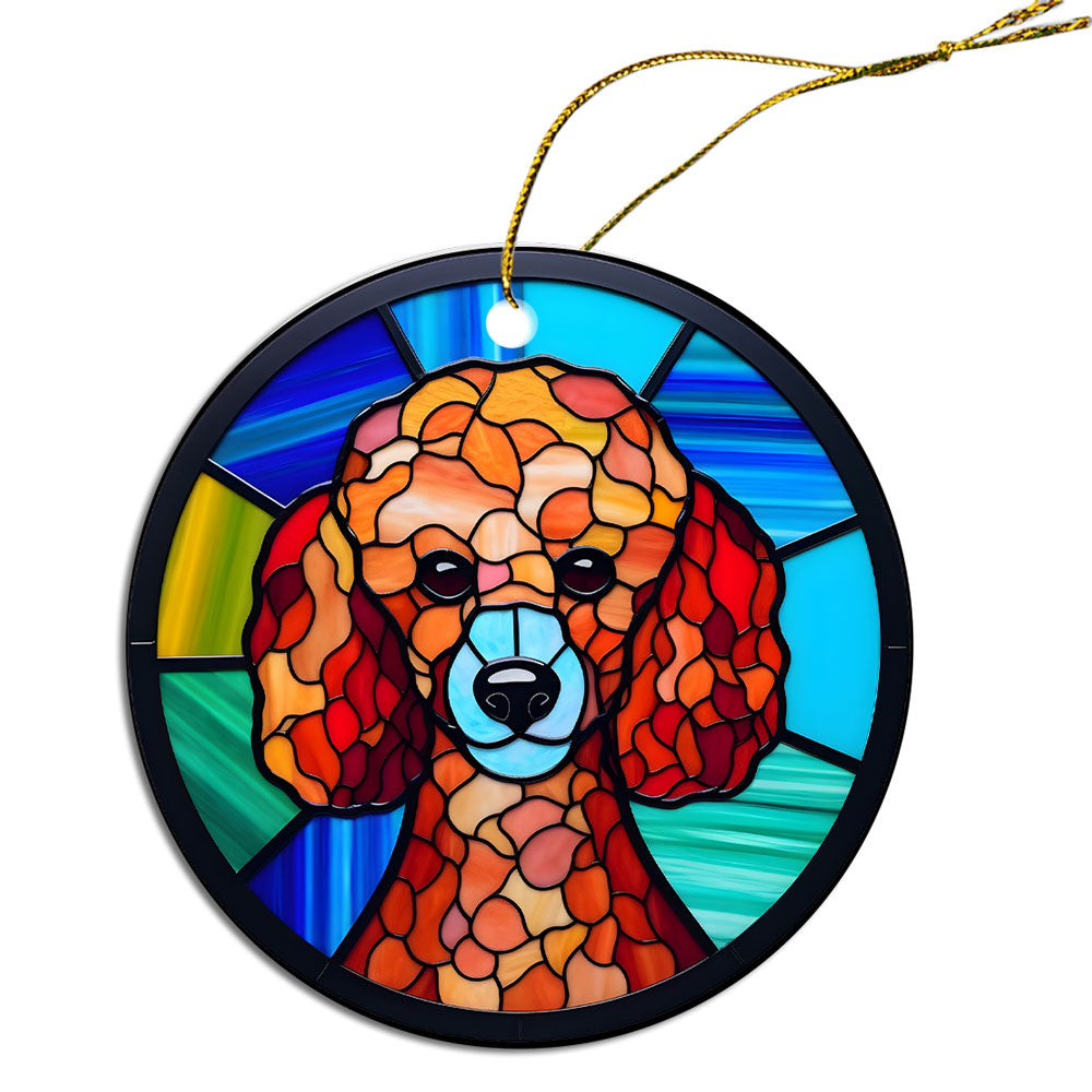 Stained glass style Christmas ornament featuring a Poodle design, made of durable ceramic with a golden string.