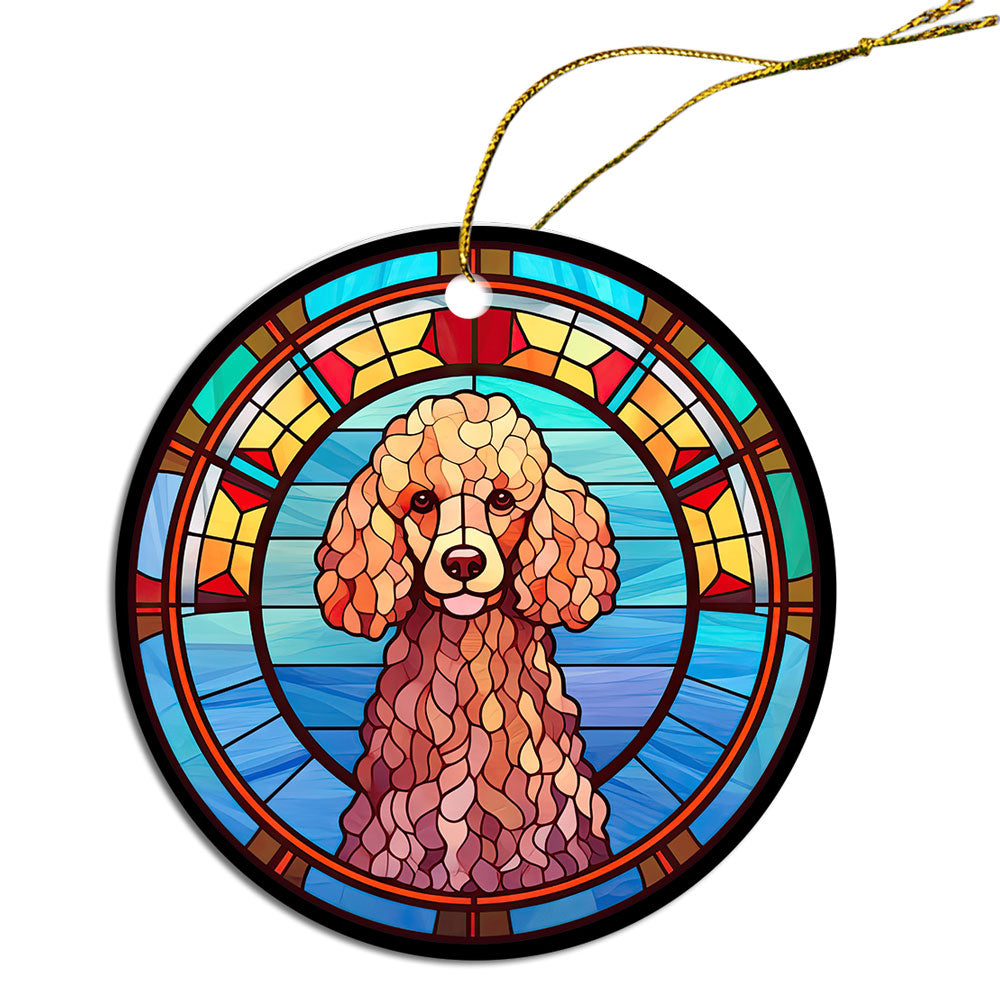 Stained glass style Christmas ornament featuring a Poodle design, made of durable ceramic with a golden string.