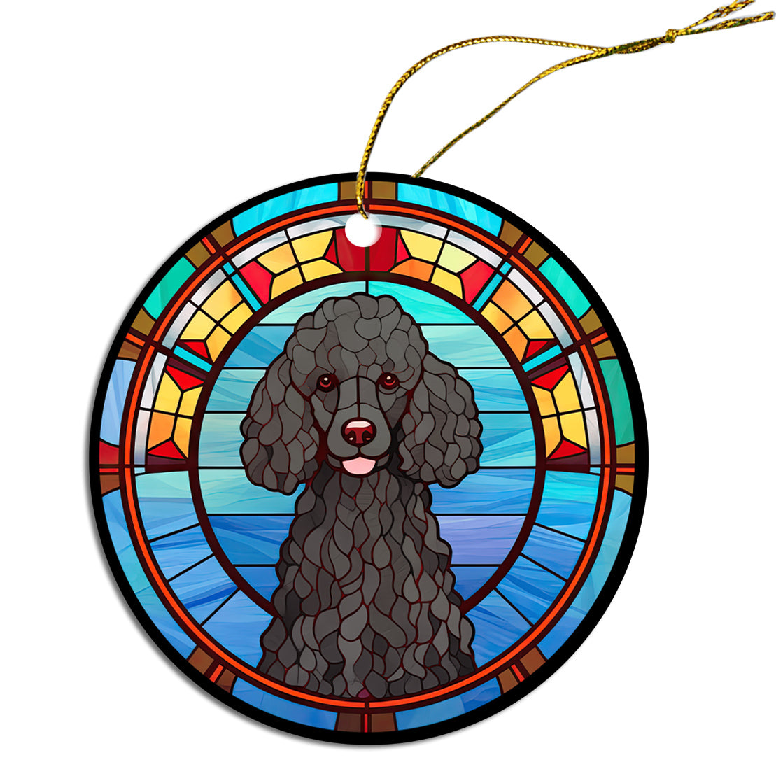 Stained glass style Christmas ornament featuring a Poodle design, made of durable ceramic with a golden string.