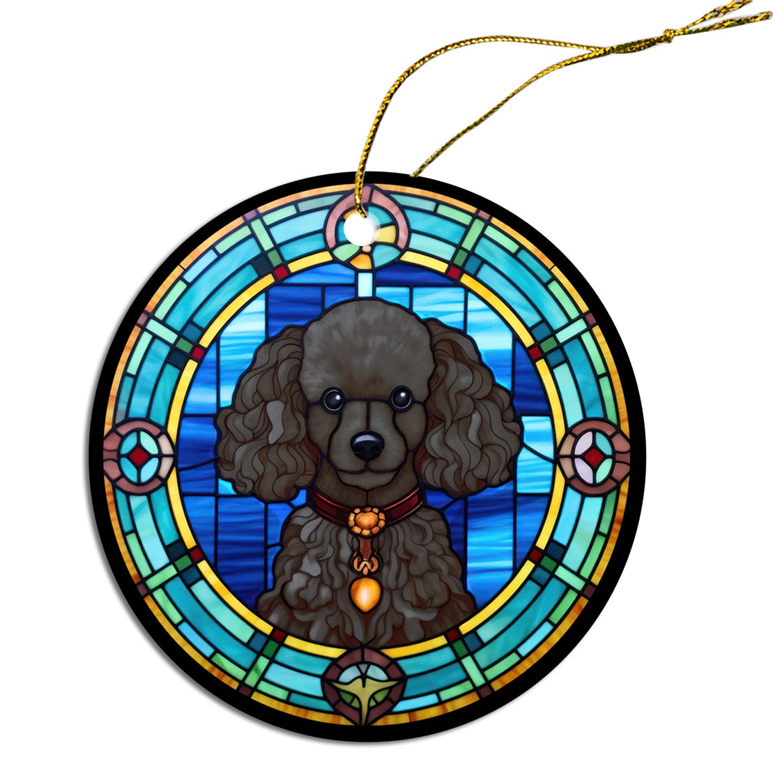 Stained glass style Christmas ornament featuring a Poodle design, made of durable ceramic with a golden string.