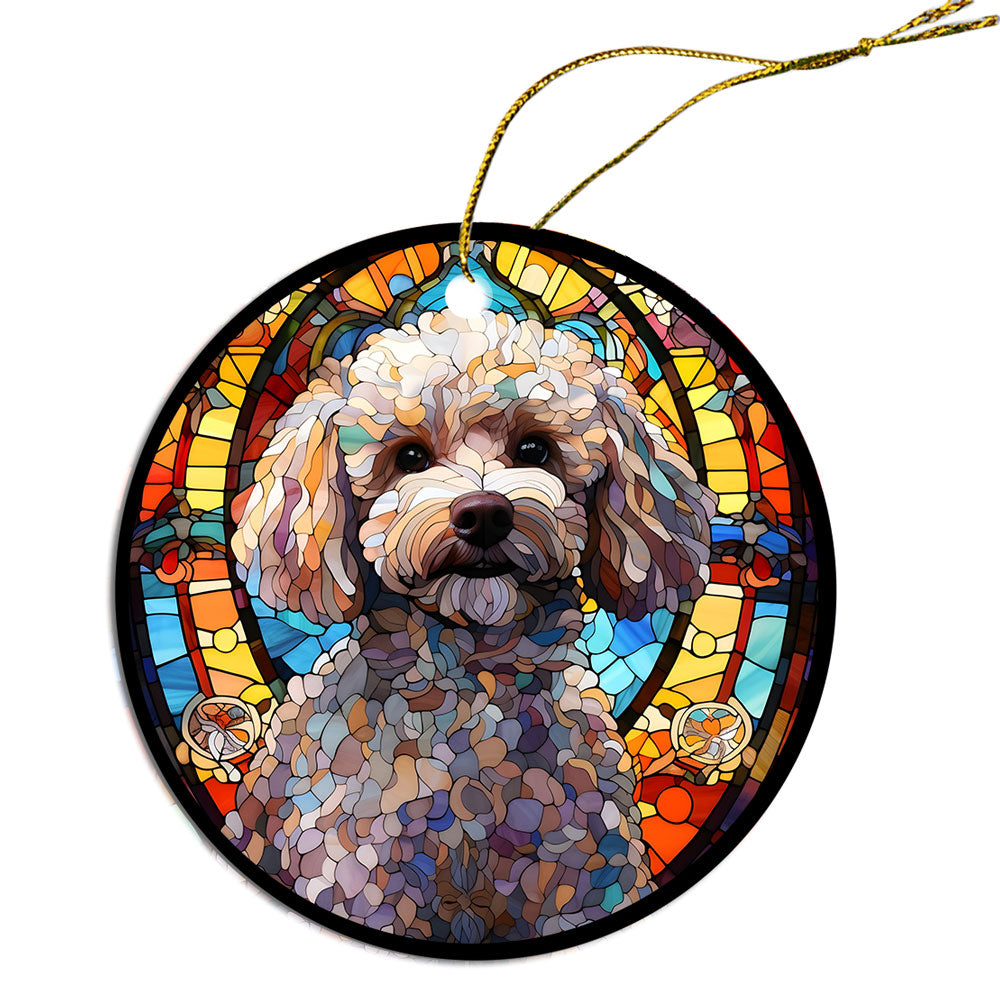 Stained glass style Christmas ornament featuring a Poodle design, made of durable ceramic with a golden string.