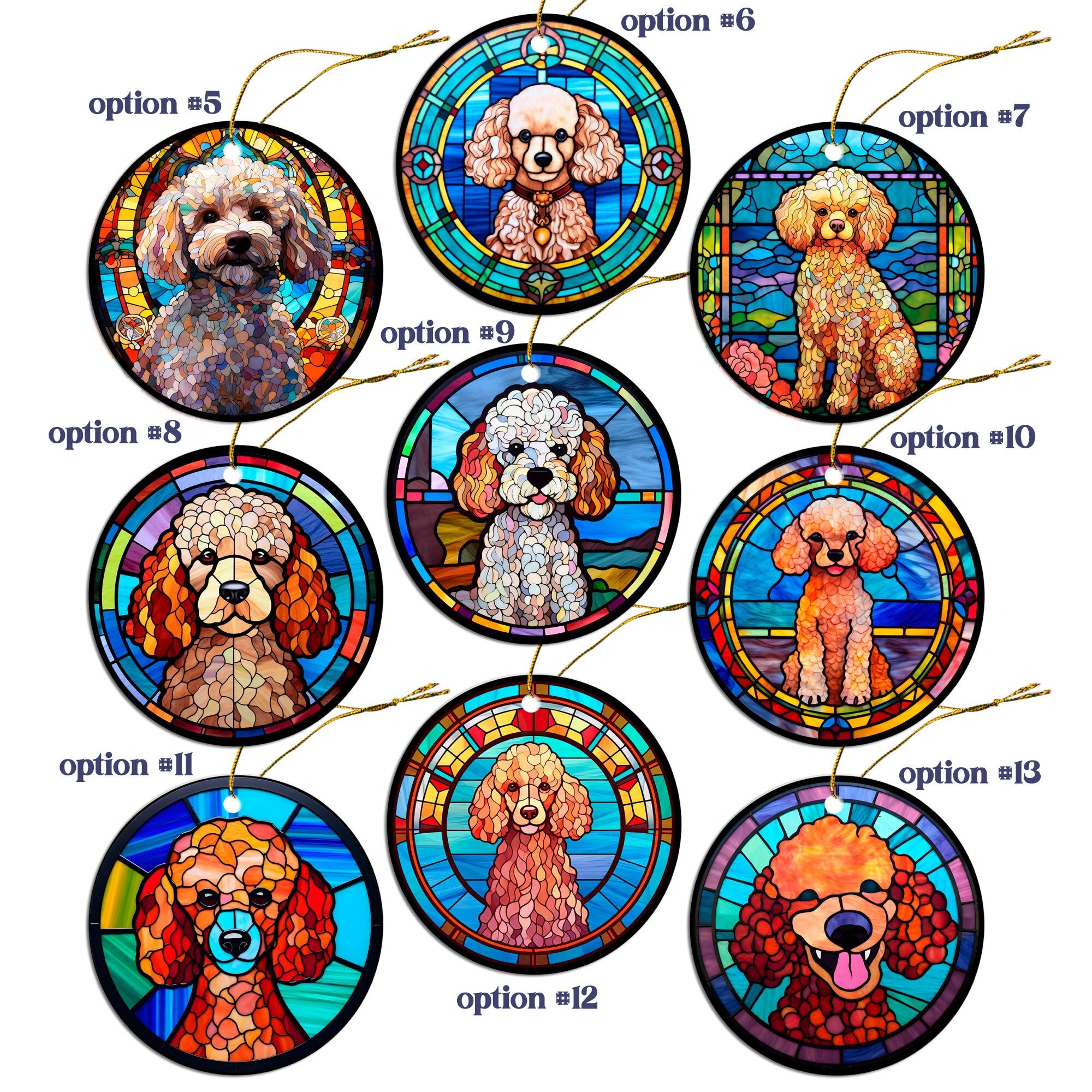 Stained glass style Christmas ornament featuring a Poodle design, made of durable ceramic with a golden string.