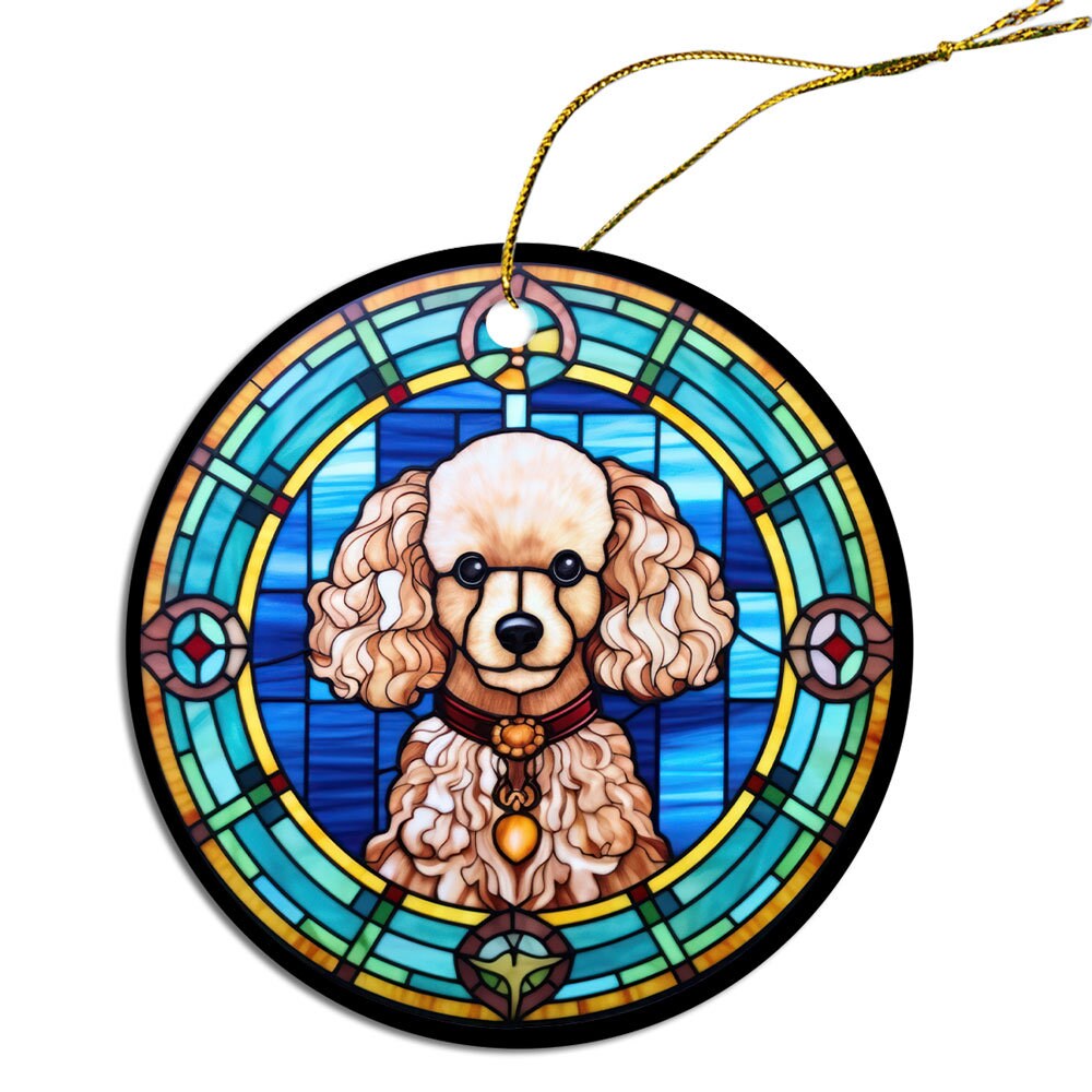 Stained glass style Christmas ornament featuring a Poodle design, made of durable ceramic with a golden string.
