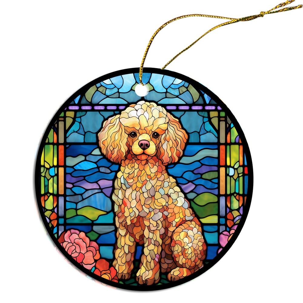 Stained glass style Christmas ornament featuring a Poodle design, made of durable ceramic with a golden string.