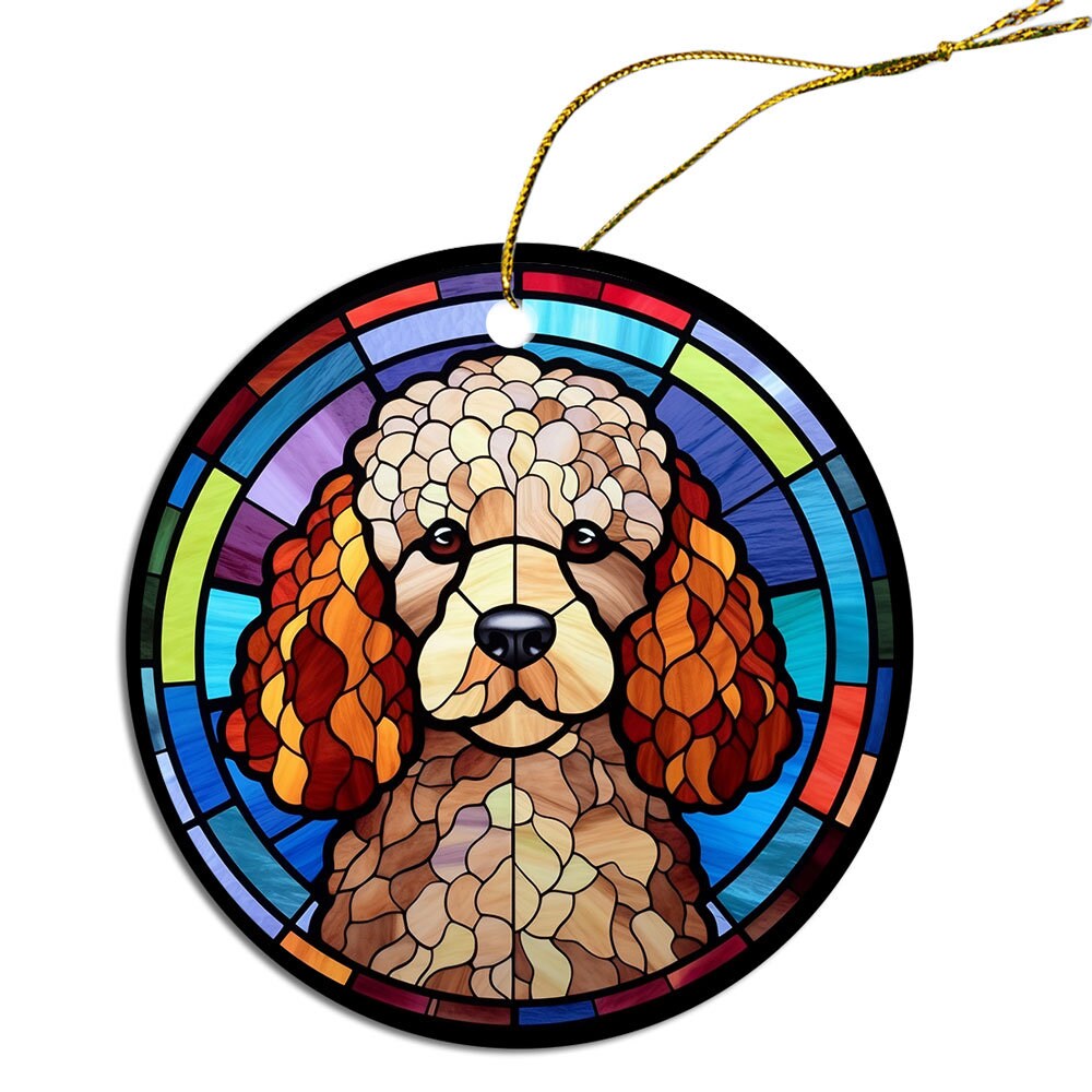 Stained glass style Christmas ornament featuring a Poodle design, made of durable ceramic with a golden string.