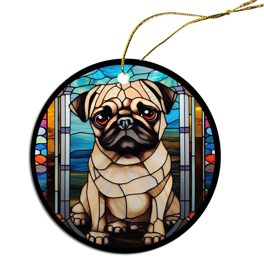 Stained glass style Christmas ornament featuring a Pug, beautifully crafted from ceramic with a golden string.