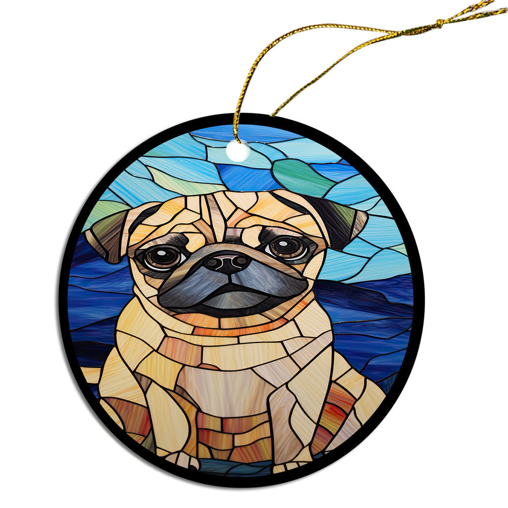 Stained glass style Christmas ornament featuring a Pug, beautifully crafted from ceramic with a golden string.