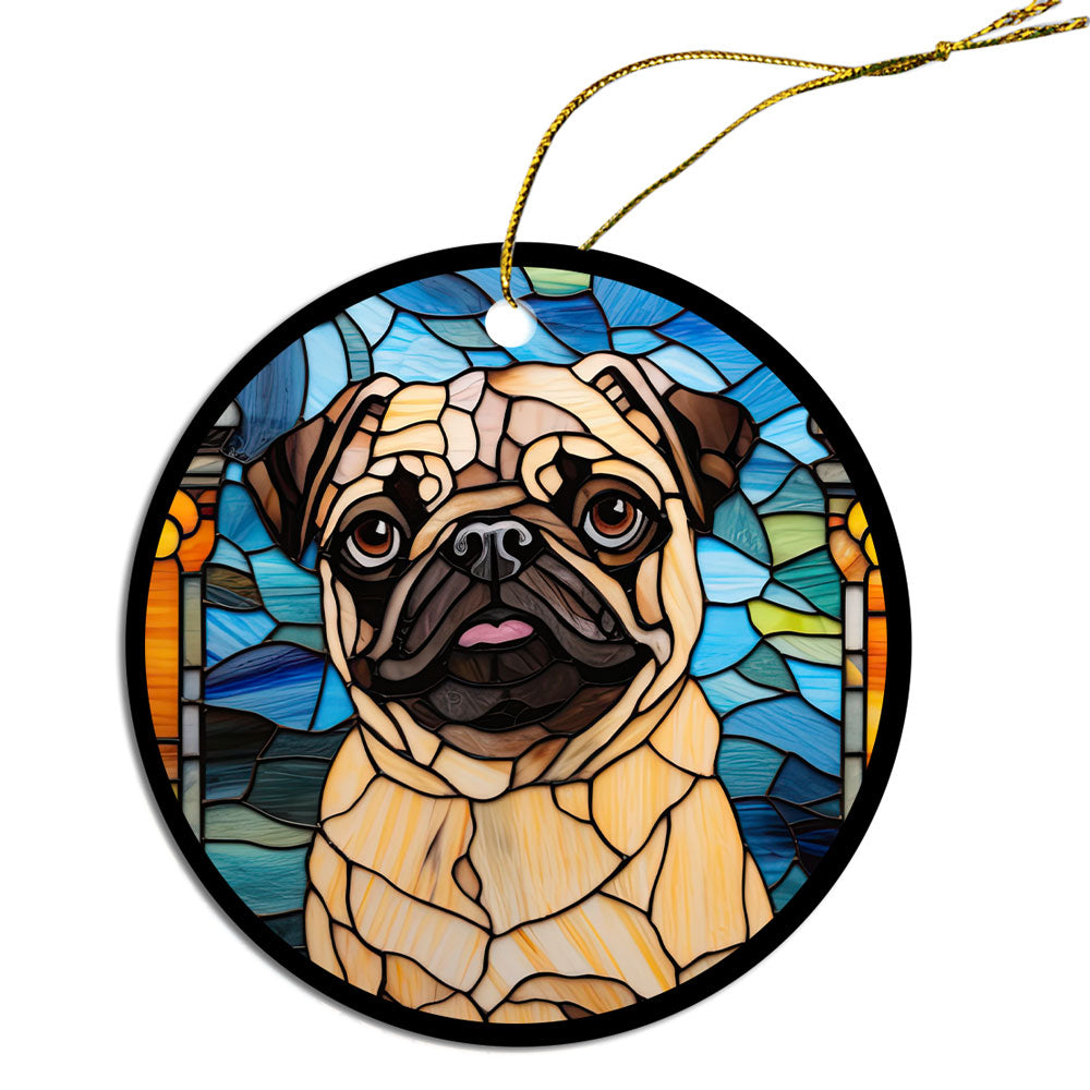 Stained glass style Christmas ornament featuring a Pug, beautifully crafted from ceramic with a golden string.