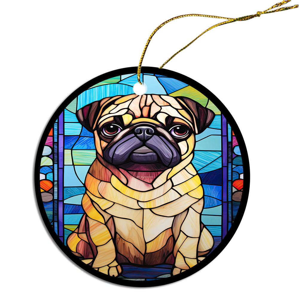 Stained glass style Christmas ornament featuring a Pug, beautifully crafted from ceramic with a golden string.