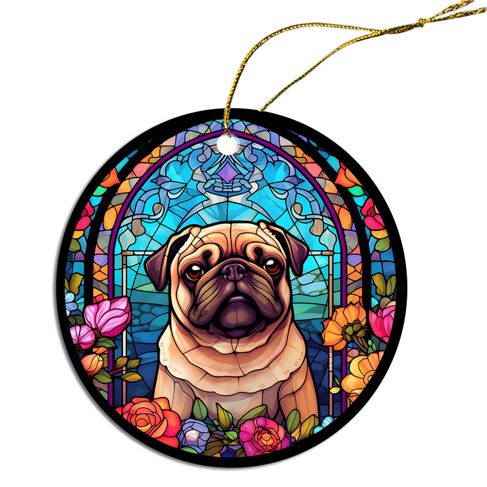 Stained glass style Christmas ornament featuring a Pug, beautifully crafted from ceramic with a golden string.