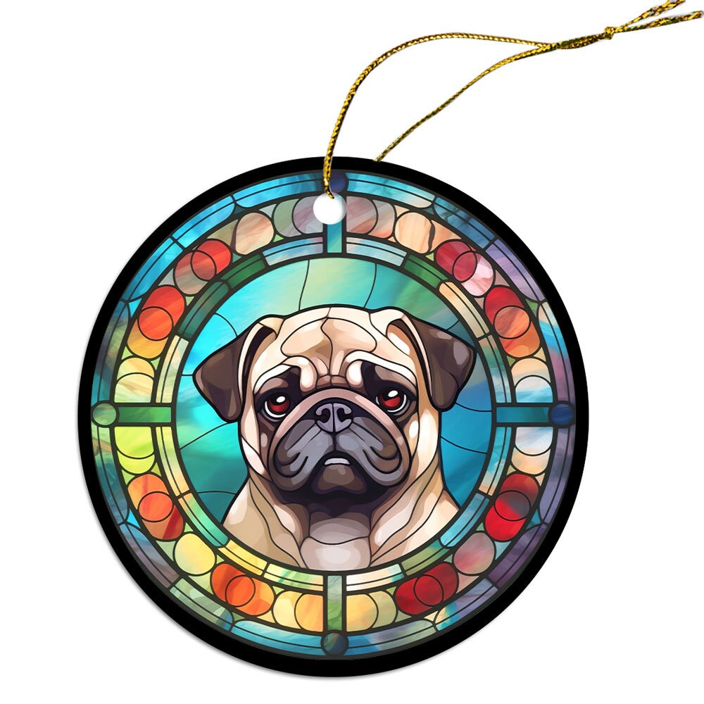 Stained glass style Christmas ornament featuring a Pug, beautifully crafted from ceramic with a golden string.
