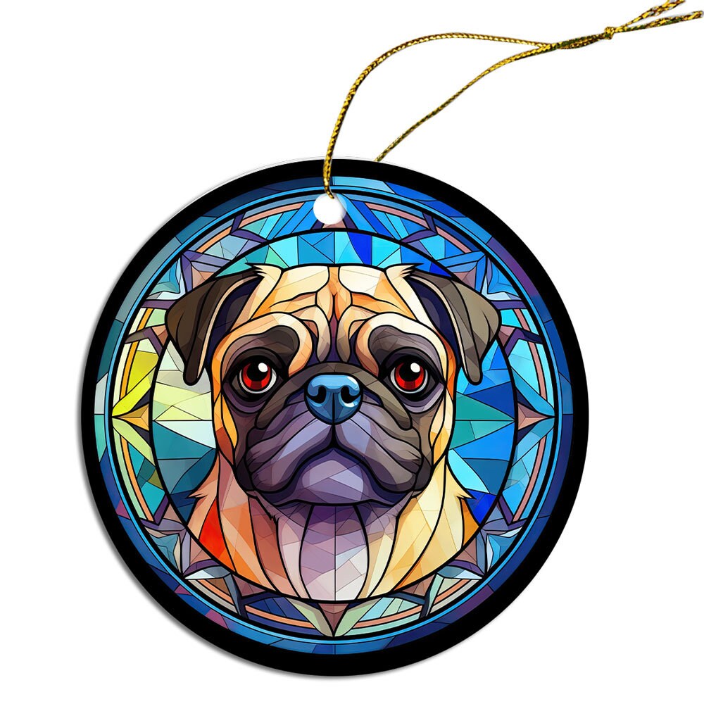 Stained glass style Christmas ornament featuring a Pug, beautifully crafted from ceramic with a golden string.