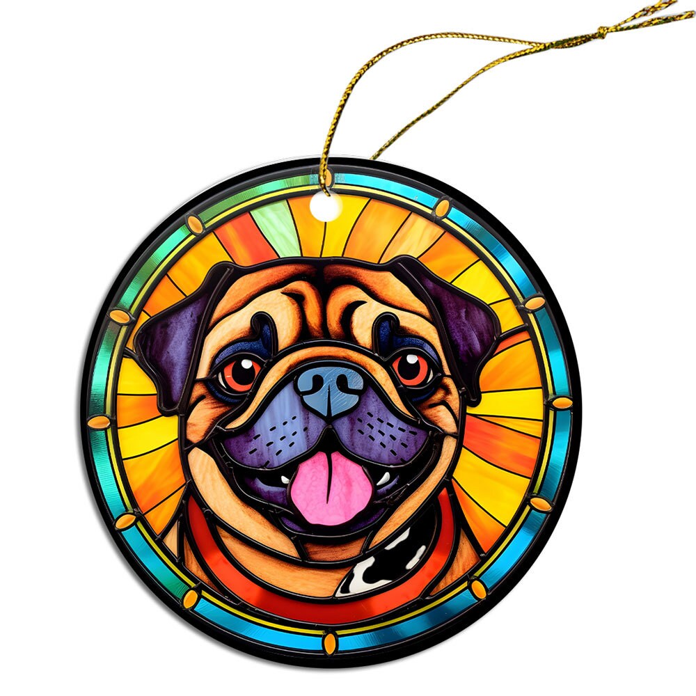 Stained glass style Christmas ornament featuring a Pug, beautifully crafted from ceramic with a golden string.