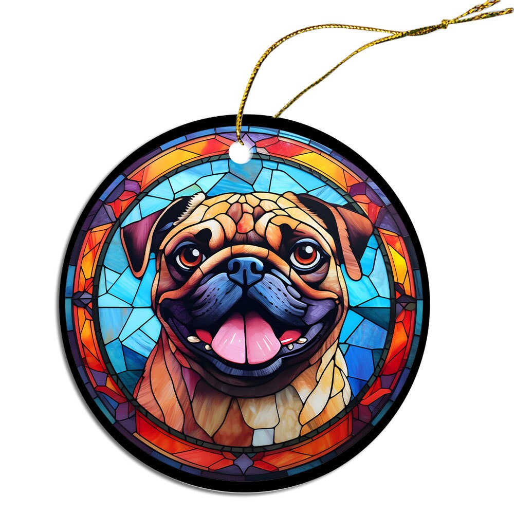 Stained glass style Christmas ornament featuring a Pug, beautifully crafted from ceramic with a golden string.