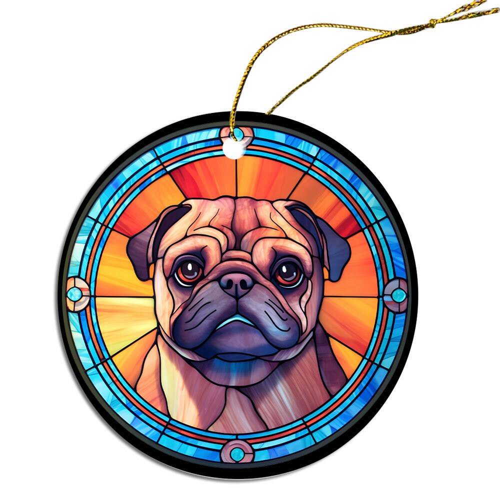 Stained glass style Christmas ornament featuring a Pug, beautifully crafted from ceramic with a golden string.