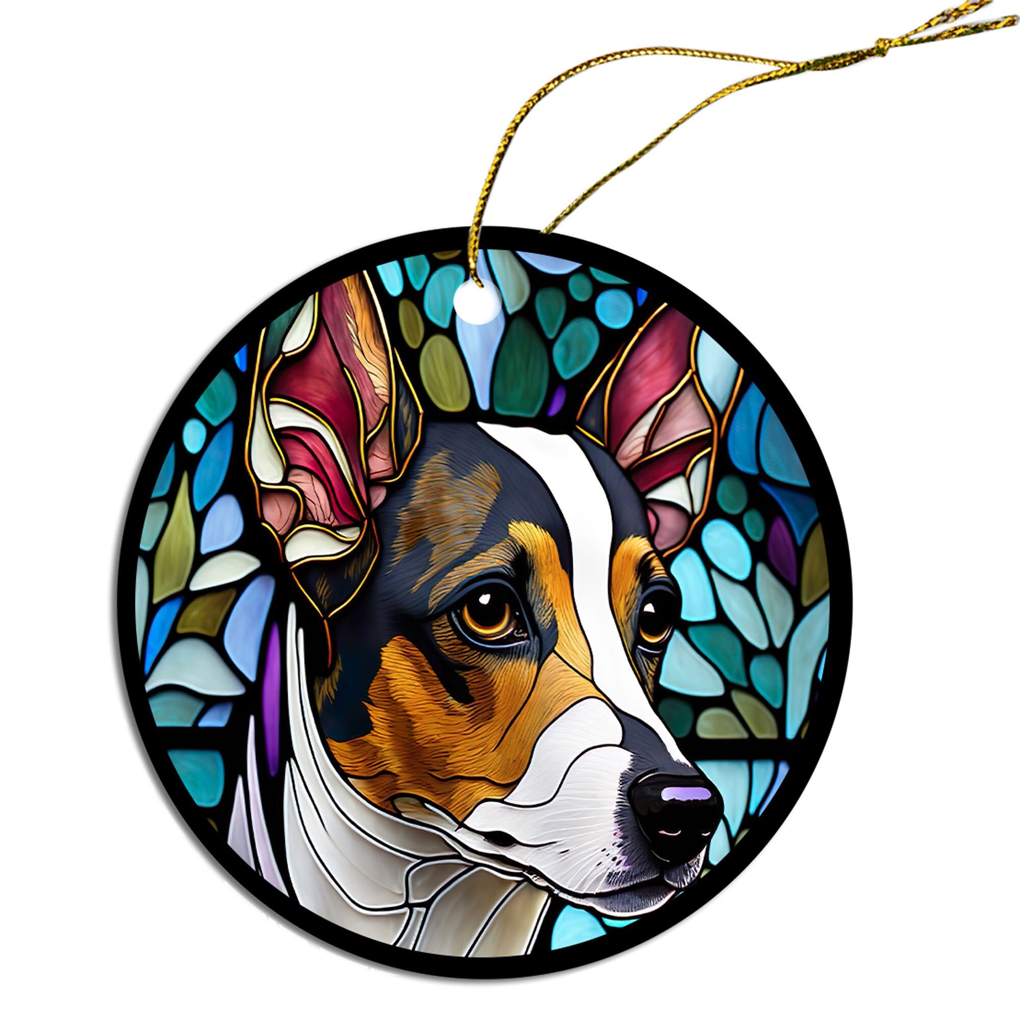 Stained glass style Christmas ornament featuring a Rat Terrier breed design, elegantly crafted in ceramic with a golden string.