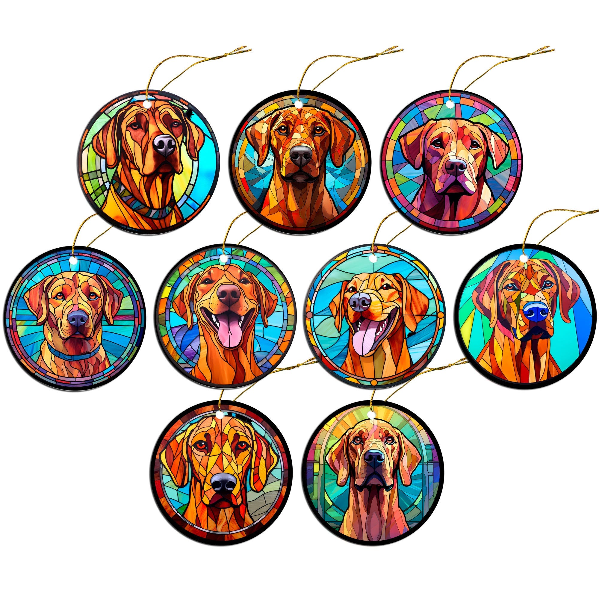 Stained glass style Christmas ornament featuring a Rhodesian Ridgeback dog, elegantly designed with a golden string.