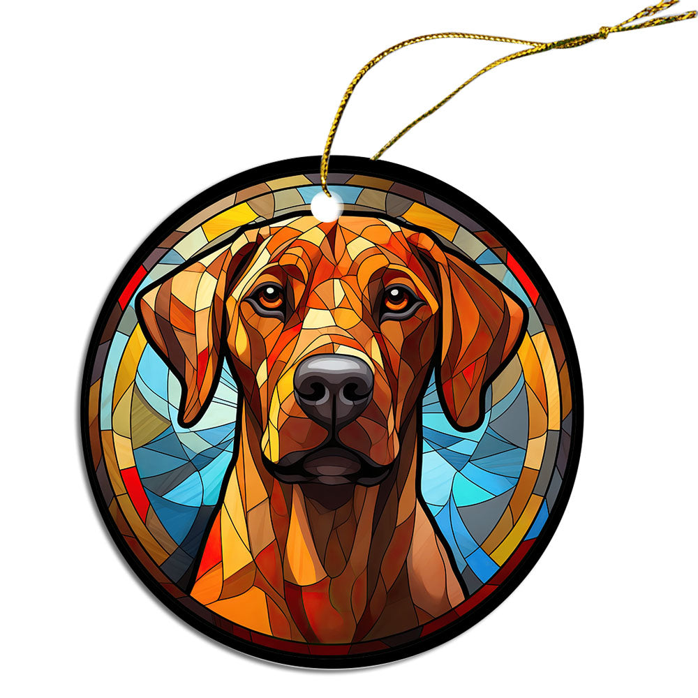 Stained glass style Christmas ornament featuring a Rhodesian Ridgeback dog, elegantly designed with a golden string.