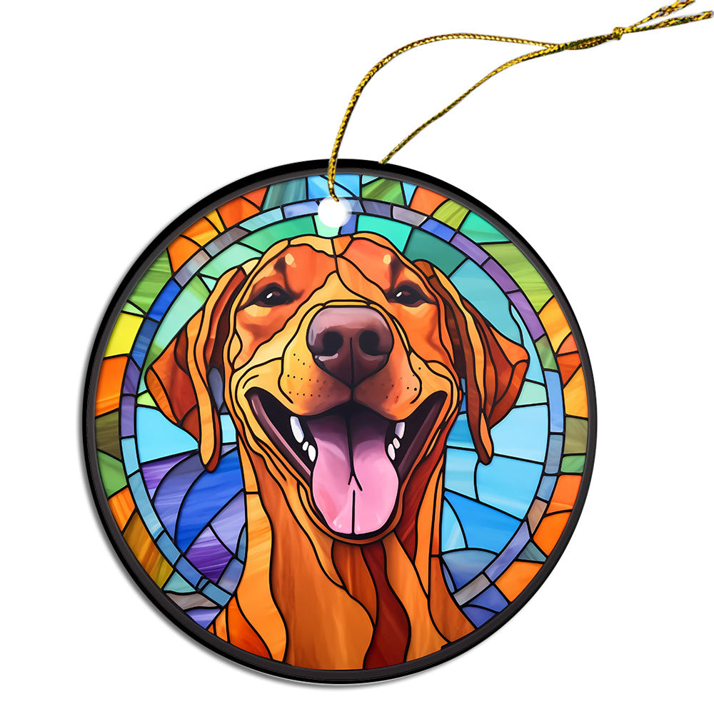 Stained glass style Christmas ornament featuring a Rhodesian Ridgeback dog, elegantly designed with a golden string.