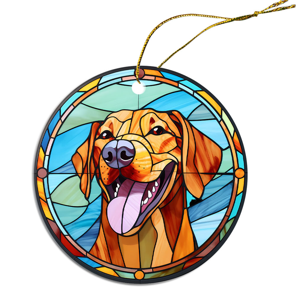 Stained glass style Christmas ornament featuring a Rhodesian Ridgeback dog, elegantly designed with a golden string.