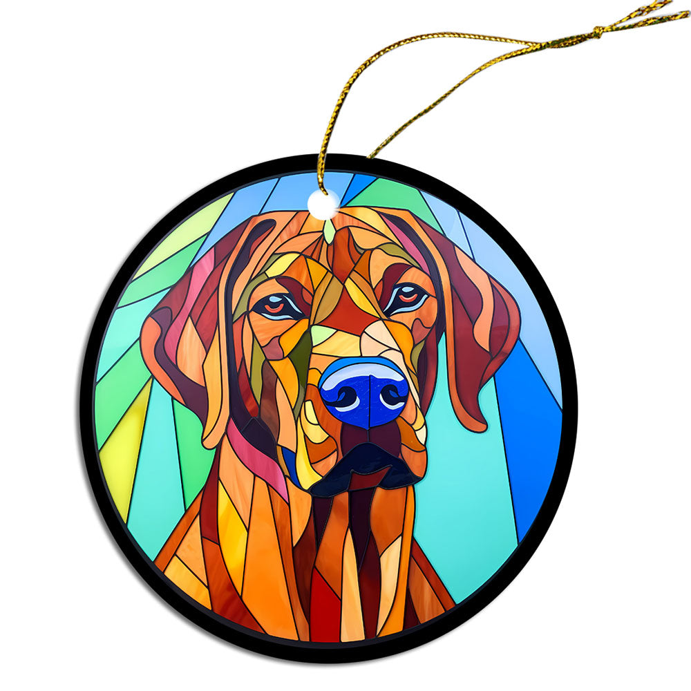 Stained glass style Christmas ornament featuring a Rhodesian Ridgeback dog, elegantly designed with a golden string.