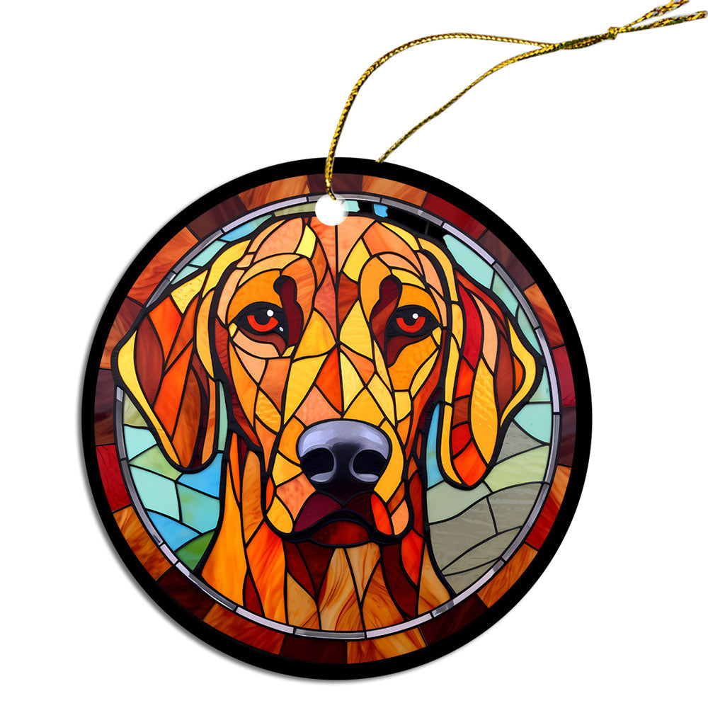 Stained glass style Christmas ornament featuring a Rhodesian Ridgeback dog, elegantly designed with a golden string.
