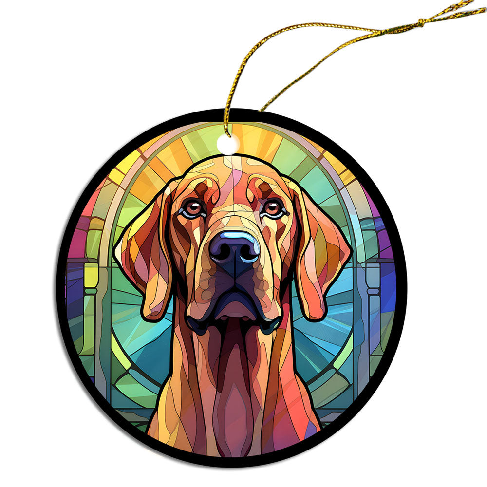 Stained glass style Christmas ornament featuring a Rhodesian Ridgeback dog, elegantly designed with a golden string.