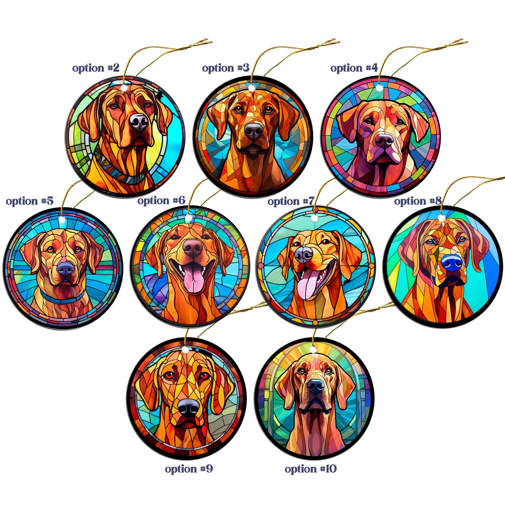 Stained glass style Christmas ornament featuring a Rhodesian Ridgeback dog, elegantly designed with a golden string.