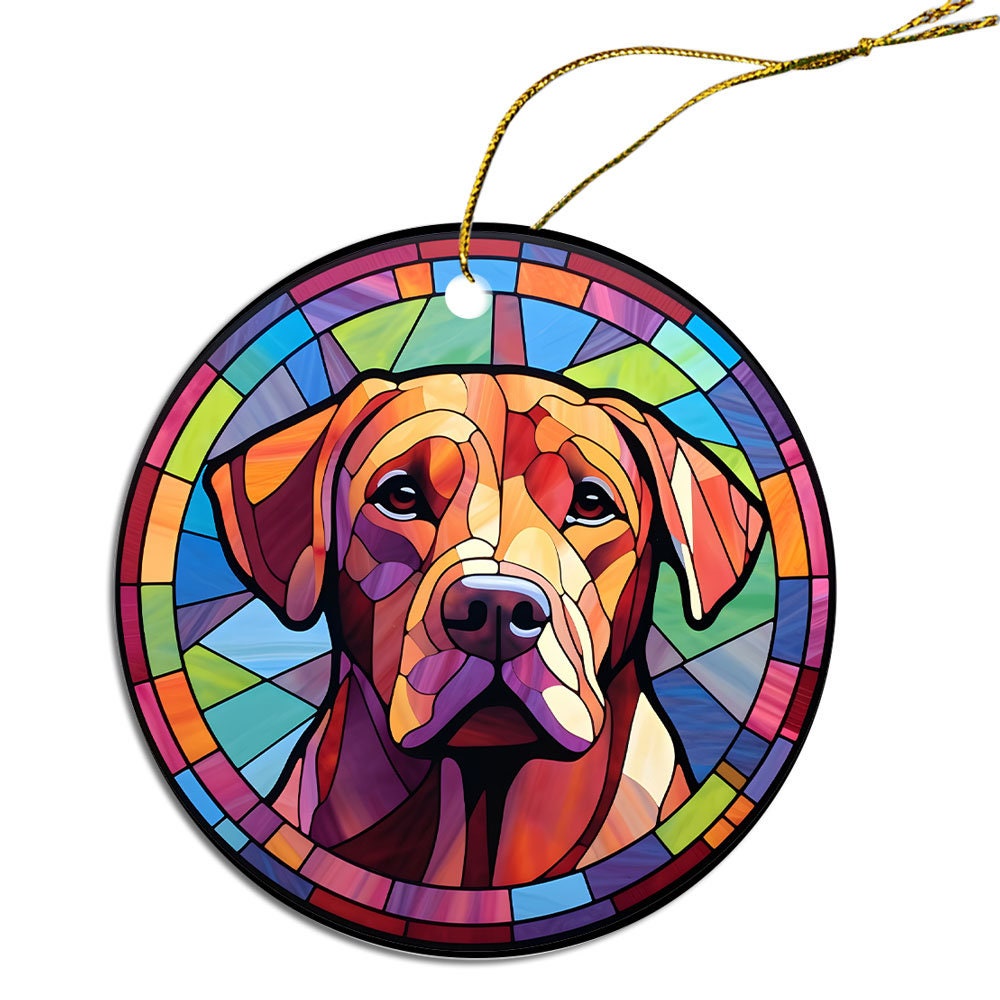Stained glass style Christmas ornament featuring a Rhodesian Ridgeback dog, elegantly designed with a golden string.