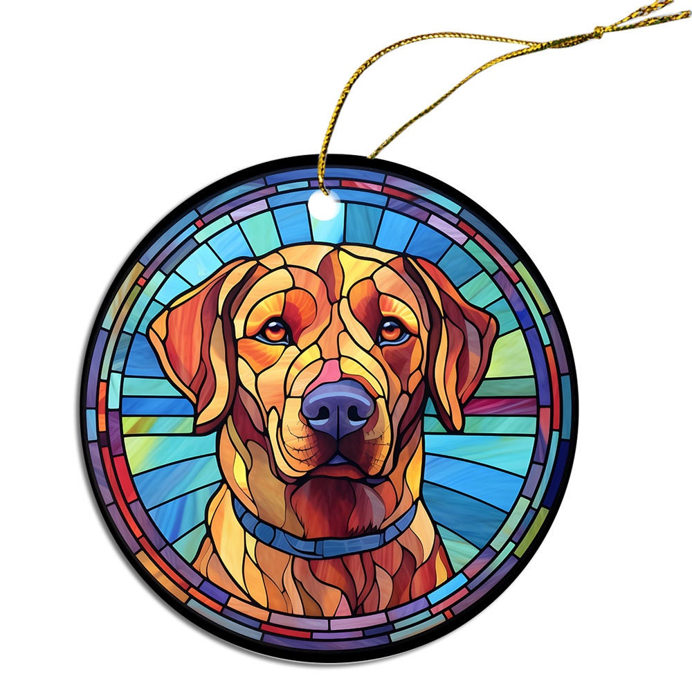 Stained glass style Christmas ornament featuring a Rhodesian Ridgeback dog, elegantly designed with a golden string.