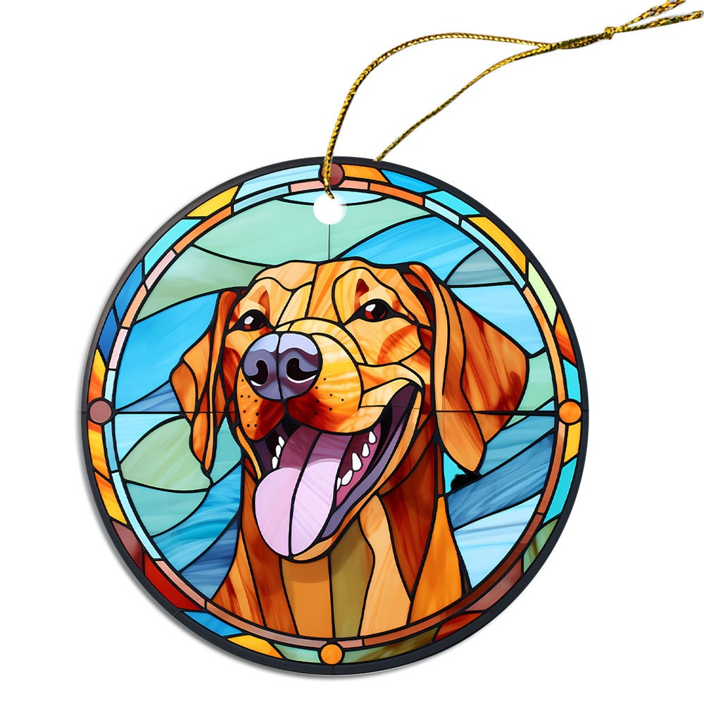 Stained glass style Christmas ornament featuring a Rhodesian Ridgeback dog, elegantly designed with a golden string.