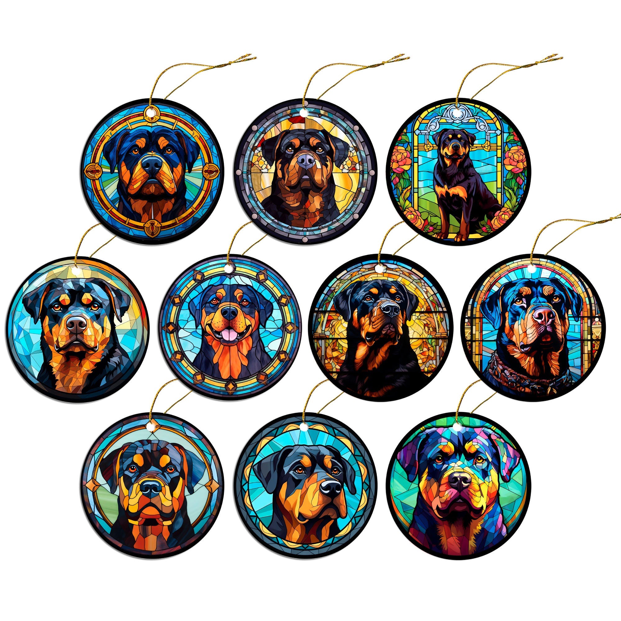 Stained glass style Christmas ornament featuring a Rottweiler breed design, elegantly hung with a golden string.