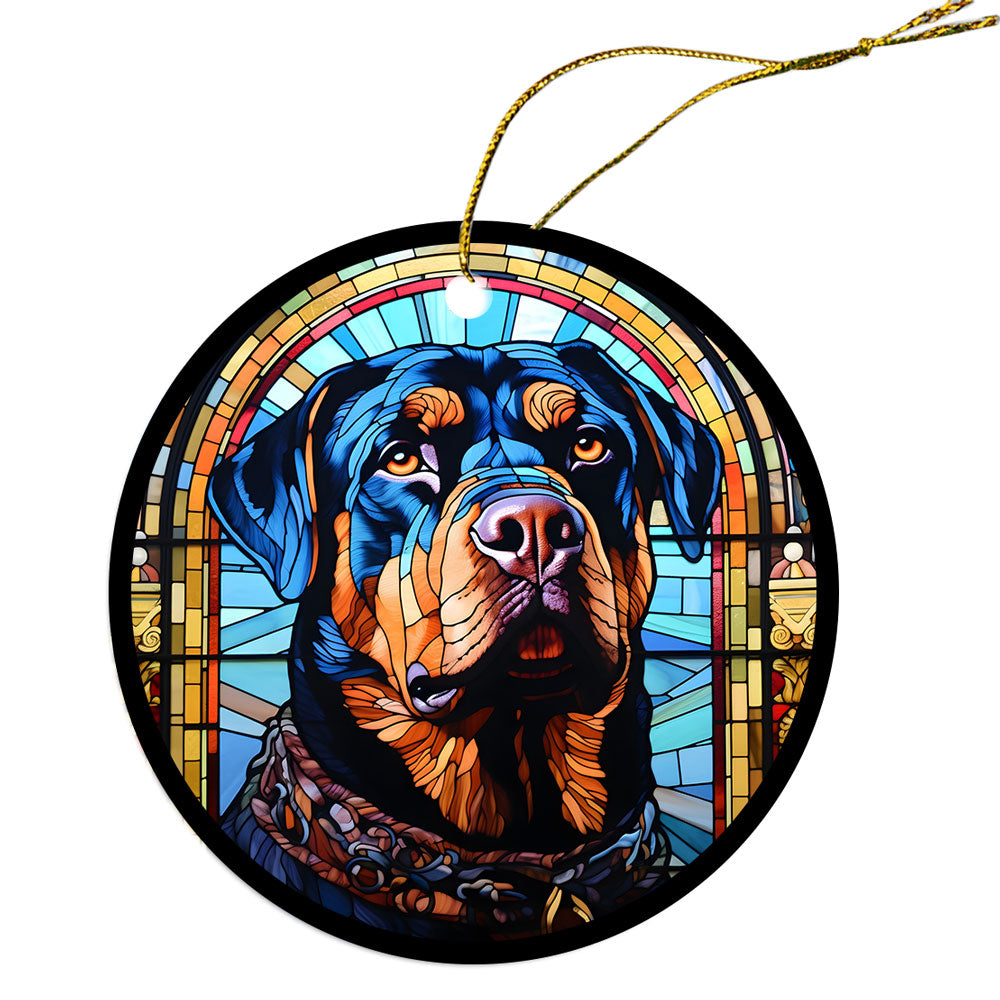 Stained glass style Christmas ornament featuring a Rottweiler breed design, elegantly hung with a golden string.