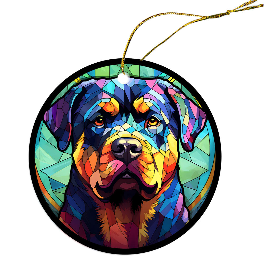 Stained glass style Christmas ornament featuring a Rottweiler breed design, elegantly hung with a golden string.
