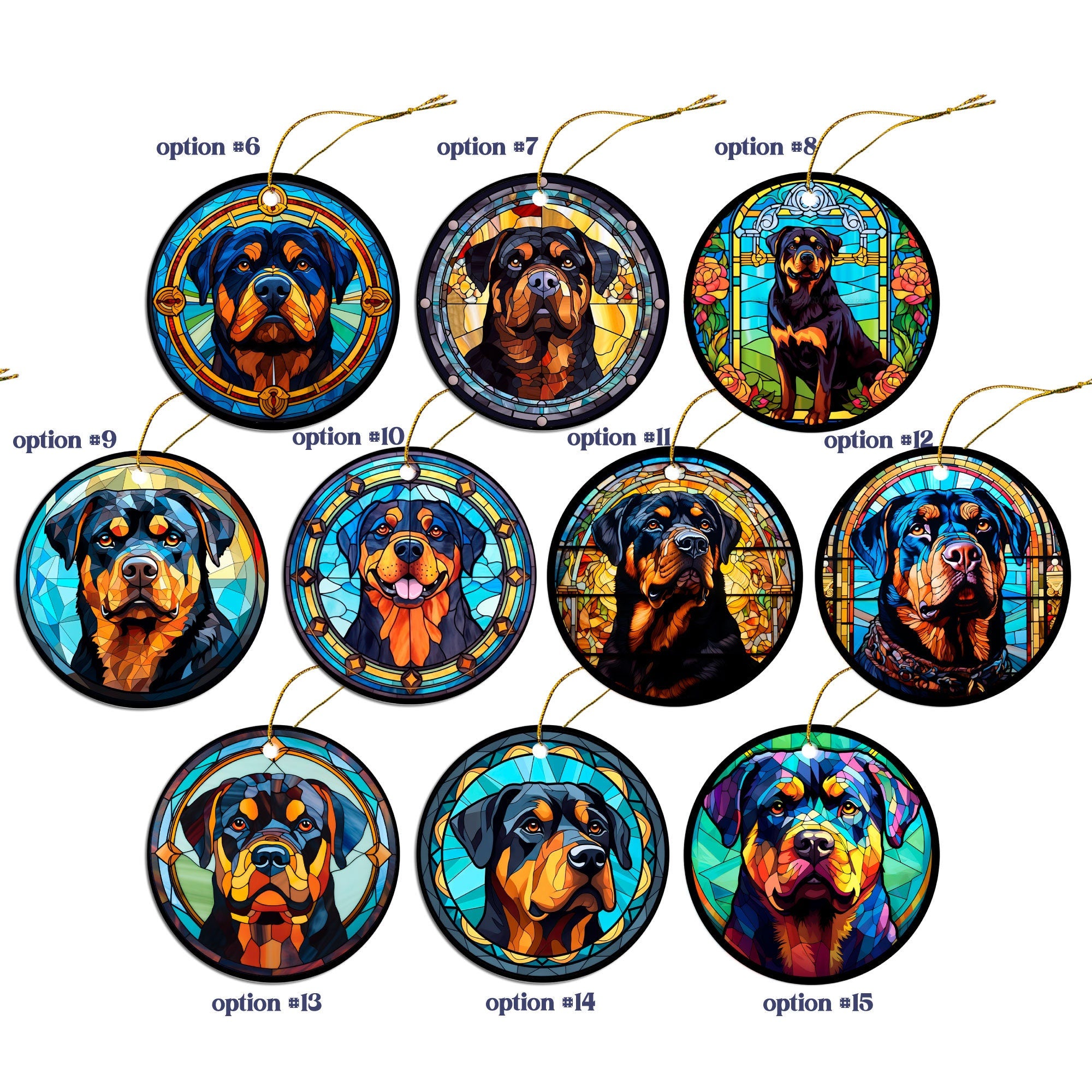 Stained glass style Christmas ornament featuring a Rottweiler breed design, elegantly hung with a golden string.