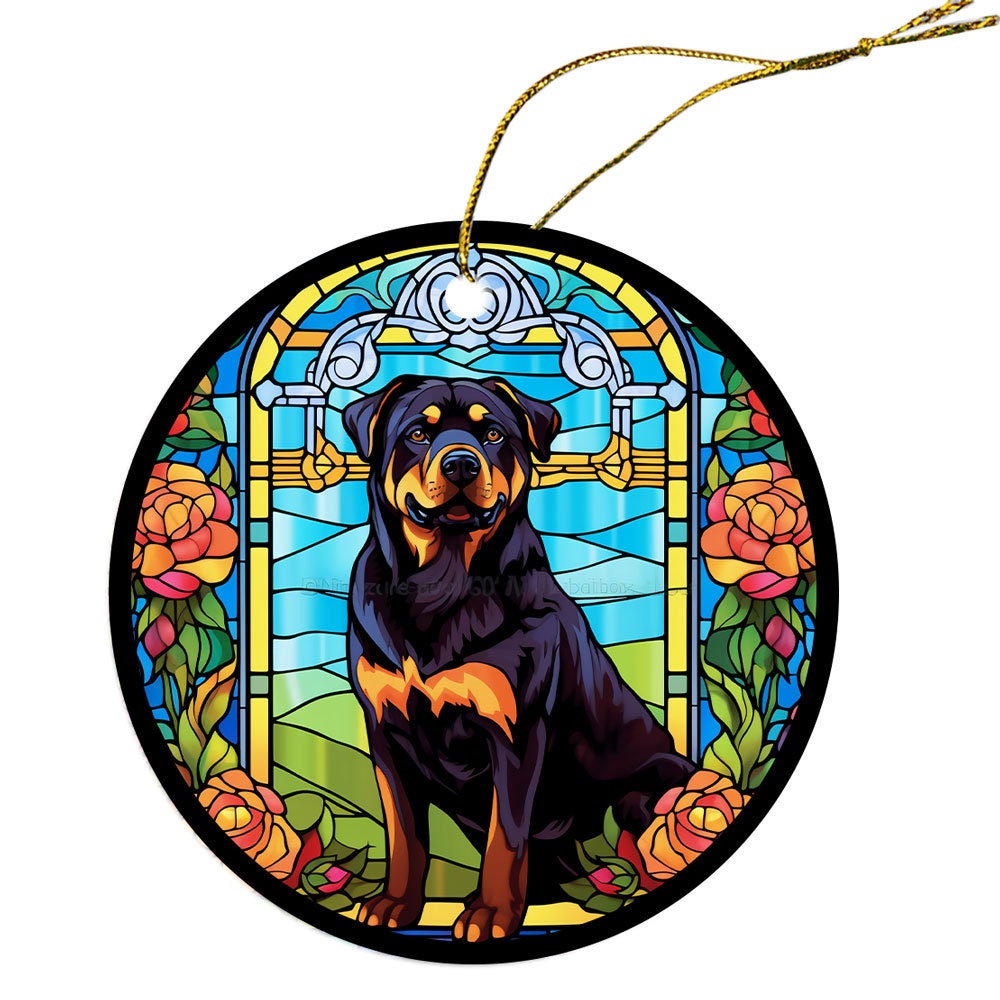 Stained glass style Christmas ornament featuring a Rottweiler breed design, elegantly hung with a golden string.