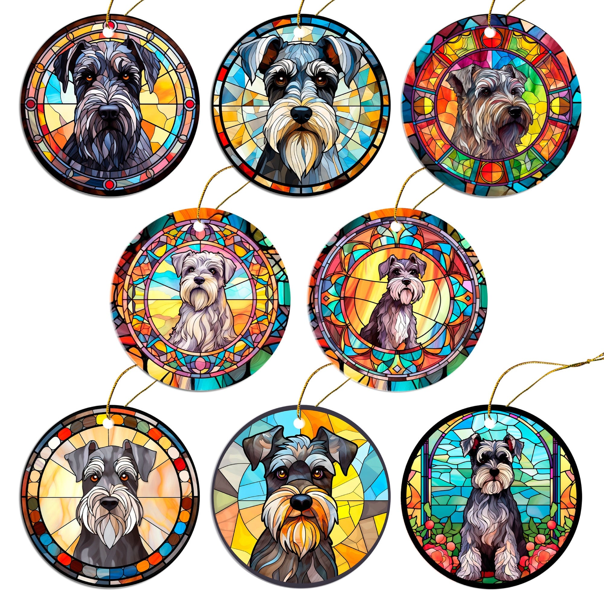 A beautiful stained glass style Christmas ornament featuring a Schnauzer design, made of durable ceramic with a golden string.