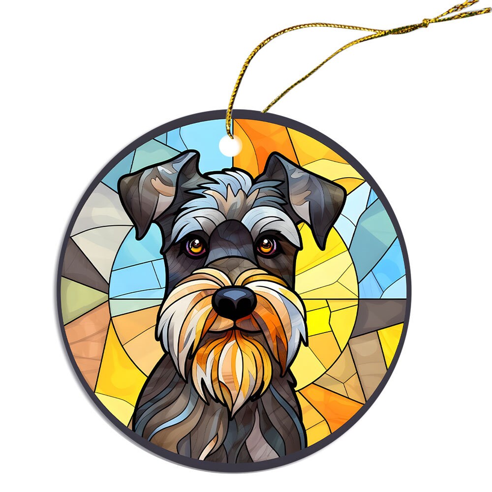 A beautiful stained glass style Christmas ornament featuring a Schnauzer design, made of durable ceramic with a golden string.