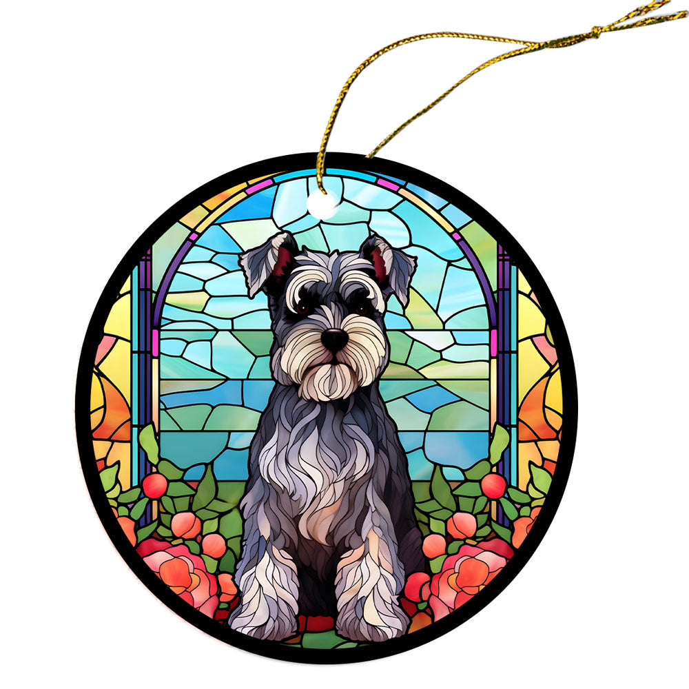 A beautiful stained glass style Christmas ornament featuring a Schnauzer design, made of durable ceramic with a golden string.